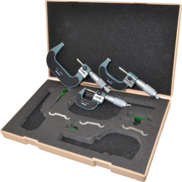 Mitutoyo - 0 to 3" Range, 3 Piece Mechanical Outside Micrometer Set - 0.0001" Graduation, 0.0001" Accuracy, Friction (0 to 2"), Ratchet Stop (2 to 3") Thimble, Carbide Tipped Face - Apex Tool & Supply