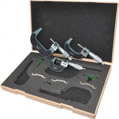 Mitutoyo - 0 to 3" Range, 3 Piece Mechanical Outside Micrometer Set - 0.0001" Graduation, 0.0001" Accuracy, Friction (0 to 2"), Ratchet Stop (2 to 3") Thimble, Carbide Tipped Face - Apex Tool & Supply