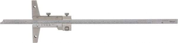 Mitutoyo - 0 to 12 Inch Measurement Range, 410mm Rule Length, 4 Inch Base Length, Vernier Depth Gage - 0.001 Inch Graduation, Accurate to 0.0015 Inch, Stainless Steel, Satin Chrome Coated - Apex Tool & Supply
