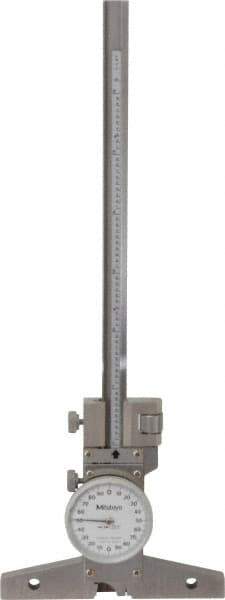 Mitutoyo - 0 to 6 Inch Range, Stainless Steel, White Dial Depth Gage - 0.001 Inch Graduation, 0.001 Inch Accuracy, 4 Inch Base Measuring Length - Apex Tool & Supply