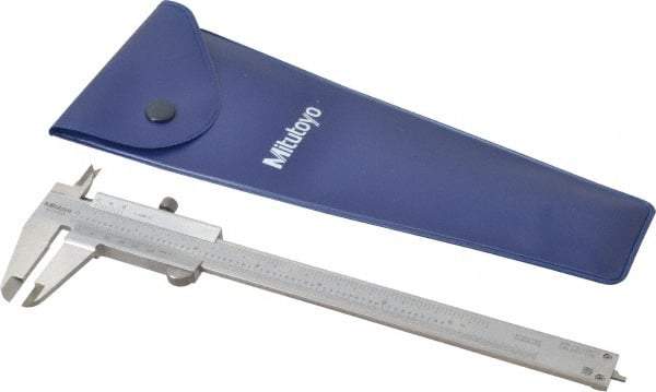 Mitutoyo - 0 to 6" Stainless Steel Vernier Caliper - 1/128" Graduation, 40mm Jaw Depth, 0.0015" Accuracy, Includes Depth Measurement Rod & Inside Diam Jaws - Apex Tool & Supply