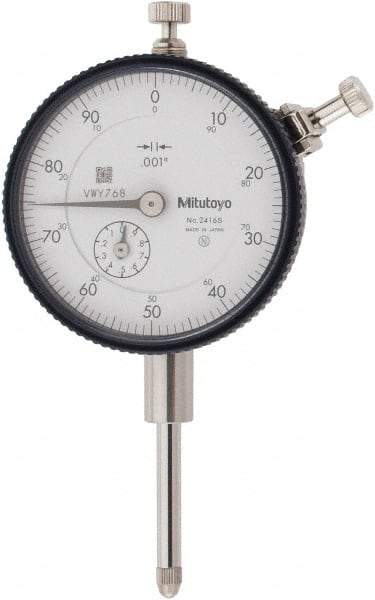 Mitutoyo - 1" Range, 0-100 Dial Reading, 0.001" Graduation Dial Drop Indicator - 2-3/16" Dial, 0.1" Range per Revolution, 0.002" Accuracy, Revolution Counter - Apex Tool & Supply