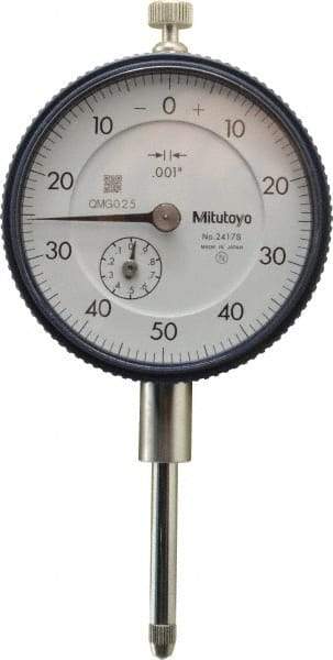 Mitutoyo - 1" Range, 0-50-0 Dial Reading, 0.001" Graduation Dial Drop Indicator - 2-1/4" Dial, 0.1" Range per Revolution, 0.002" Accuracy, Revolution Counter - Apex Tool & Supply