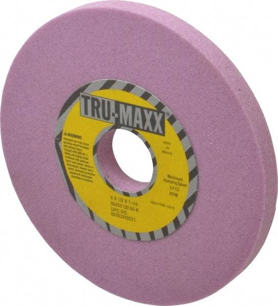 Tru-Maxx - 6" Diam x 1-1/4" Hole x 1/2" Thick, K Hardness, 60 Grit Surface Grinding Wheel - Aluminum Oxide, Type 1, Medium Grade, 5,410 Max RPM, Vitrified Bond, No Recess - Apex Tool & Supply