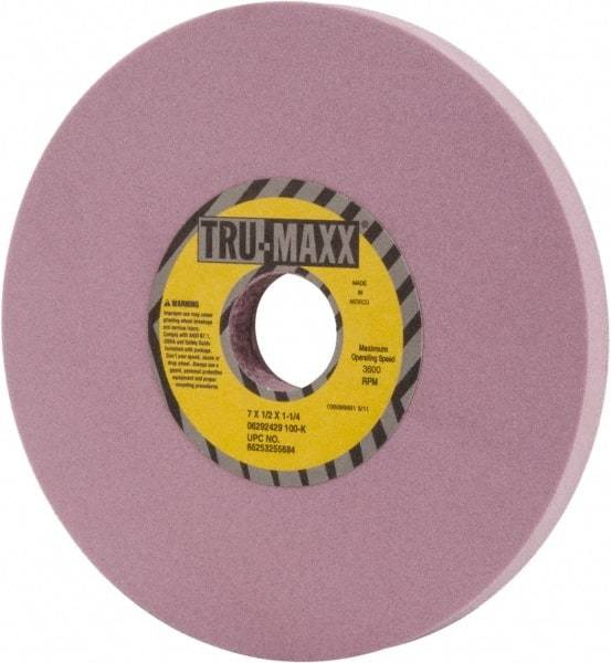 Tru-Maxx - 7" Diam x 1-1/4" Hole x 1/2" Thick, K Hardness, 100 Grit Surface Grinding Wheel - Aluminum Oxide, Type 1, Fine Grade, 3,600 Max RPM, Vitrified Bond, No Recess - Apex Tool & Supply