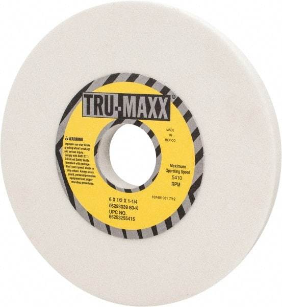 Tru-Maxx - 6" Diam x 1-1/4" Hole x 1/2" Thick, K Hardness, 80 Grit Surface Grinding Wheel - Aluminum Oxide, Type 1, Medium Grade, 5,410 Max RPM, Vitrified Bond, No Recess - Apex Tool & Supply