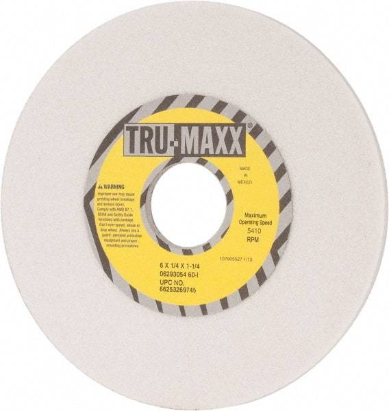 Tru-Maxx - 6" Diam x 1-1/4" Hole x 1/4" Thick, I Hardness, 60 Grit Surface Grinding Wheel - Aluminum Oxide, Type 1, Medium Grade, 5,410 Max RPM, Vitrified Bond, No Recess - Apex Tool & Supply