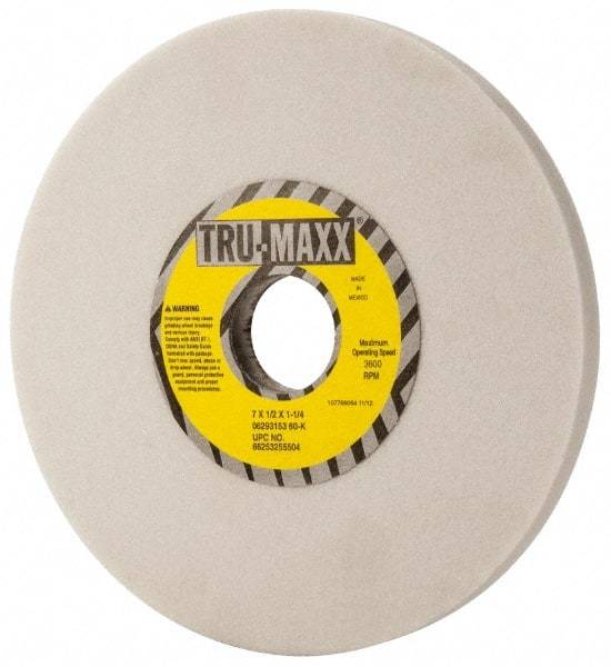 Tru-Maxx - 7" Diam x 1-1/4" Hole x 1/2" Thick, K Hardness, 60 Grit Surface Grinding Wheel - Aluminum Oxide, Type 1, Medium Grade, 3,600 Max RPM, Vitrified Bond, No Recess - Apex Tool & Supply