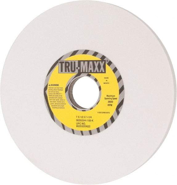 Tru-Maxx - 7" Diam x 1-1/4" Hole x 1/2" Thick, K Hardness, 100 Grit Surface Grinding Wheel - Aluminum Oxide, Type 1, Fine Grade, 3,600 Max RPM, Vitrified Bond, No Recess - Apex Tool & Supply