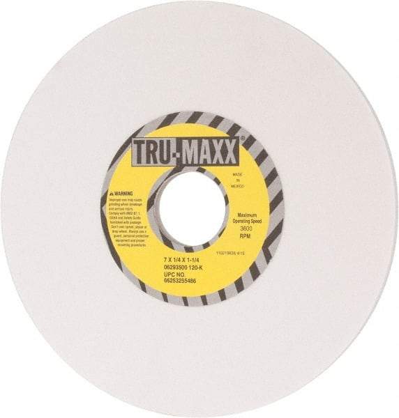 Tru-Maxx - 7" Diam x 1-1/4" Hole x 1/4" Thick, K Hardness, 120 Grit Surface Grinding Wheel - Aluminum Oxide, Type 1, Fine Grade, 3,600 Max RPM, Vitrified Bond, No Recess - Apex Tool & Supply