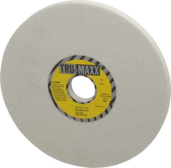 Tru-Maxx - 8" Diam x 1-1/4" Hole x 1/2" Thick, K Hardness, 80 Grit Surface Grinding Wheel - Aluminum Oxide, Type 1, Medium Grade, 3,600 Max RPM, Vitrified Bond, No Recess - Apex Tool & Supply