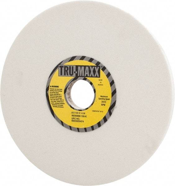 Tru-Maxx - 8" Diam x 1-1/4" Hole x 1/2" Thick, K Hardness, 100 Grit Surface Grinding Wheel - Aluminum Oxide, Type 1, Fine Grade, 3,600 Max RPM, Vitrified Bond, No Recess - Apex Tool & Supply