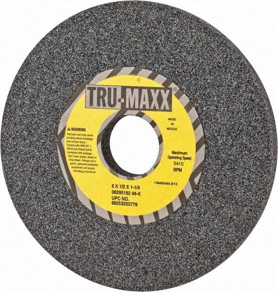 Tru-Maxx - 6" Diam x 1-1/4" Hole x 1/2" Thick, K Hardness, 46 Grit Surface Grinding Wheel - Aluminum Oxide, Type 1, Coarse Grade, 5,410 Max RPM, Vitrified Bond, No Recess - Apex Tool & Supply