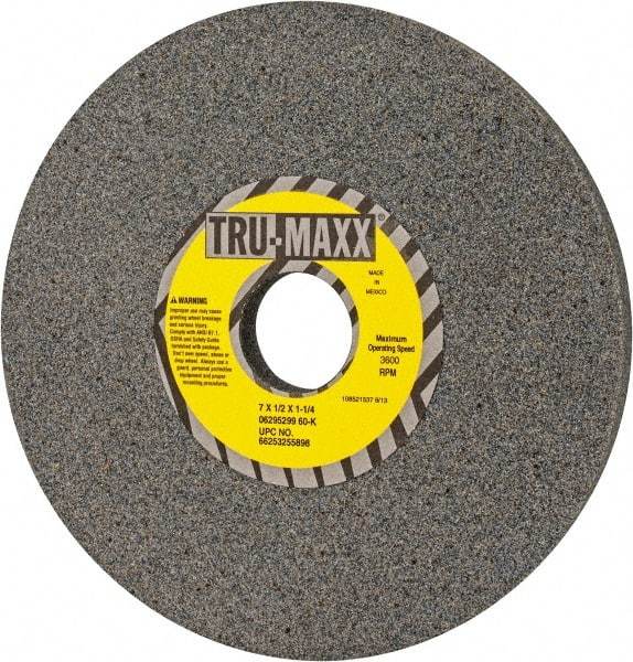 Tru-Maxx - 7" Diam x 1-1/4" Hole x 1/2" Thick, K Hardness, 60 Grit Surface Grinding Wheel - Aluminum Oxide, Type 1, Medium Grade, 3,600 Max RPM, Vitrified Bond, No Recess - Apex Tool & Supply