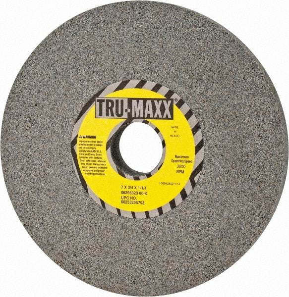 Tru-Maxx - 7" Diam x 1-1/4" Hole x 3/4" Thick, K Hardness, 60 Grit Surface Grinding Wheel - Aluminum Oxide, Type 1, Medium Grade, 3,600 Max RPM, Vitrified Bond, No Recess - Apex Tool & Supply