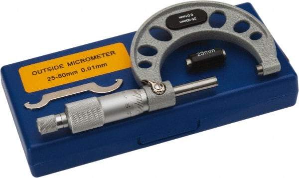 Value Collection - 25 to 50mm Range, 0.01mm Graduation, Mechanical Outside Micrometer - Ratchet Stop Thimble, Accurate to 0.004mm - Apex Tool & Supply