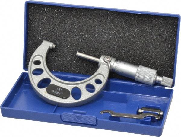 Value Collection - 1 to 2" Range, 0.0001" Graduation, Mechanical Outside Micrometer - Ratchet Stop Thimble, Accurate to 0.0001" - Apex Tool & Supply