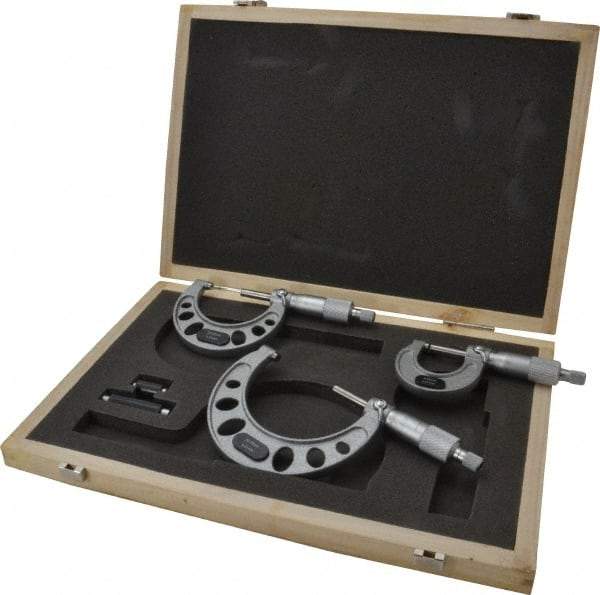 Value Collection - 0 to 75mm Range, 3 Piece Mechanical Outside Micrometer Set - 0.01mm Graduation, 0.005mm Accuracy, Ratchet Stop Thimble, Steel Face - Apex Tool & Supply