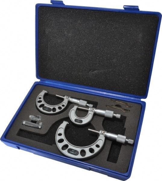 Value Collection - 0 to 3" Range, 3 Piece Mechanical Outside Micrometer Set - 0.0001" Graduation, 0.0001" Accuracy, Ratchet Stop Thimble, Steel Face - Apex Tool & Supply