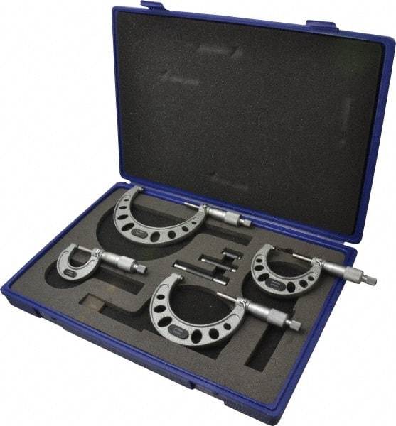 Value Collection - 0 to 100mm Range, 4 Piece Mechanical Outside Micrometer Set - 0.01mm Graduation, 0.005mm Accuracy, Ratchet Stop Thimble, Steel Face - Apex Tool & Supply