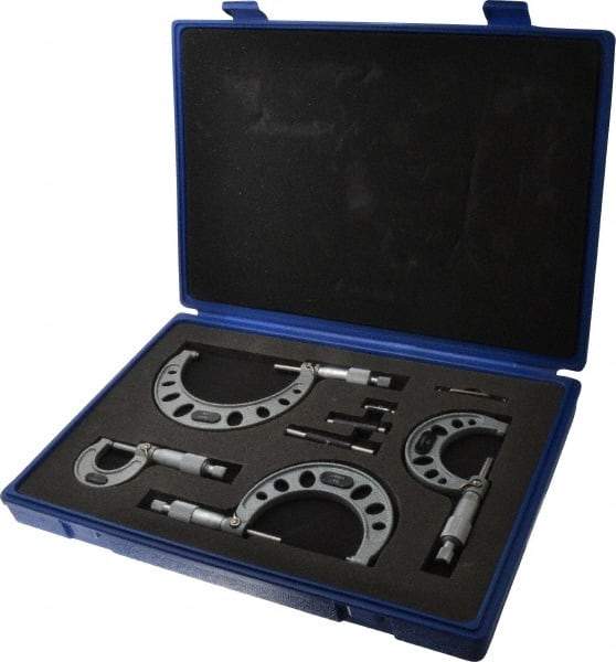 Value Collection - 0 to 4" Range, 4 Piece Mechanical Outside Micrometer Set - 0.0001" Graduation, 0.0001" Accuracy, Ratchet Stop Thimble, Steel Face - Apex Tool & Supply