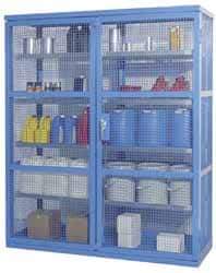 Denios - 2 Door, 8 Shelf, Blue Steel Caged Containment Shelving Safety Cabinet for Corrosive Chemicals - 87" High x 74" Wide x 28" Deep, Manual Closing Door - Apex Tool & Supply