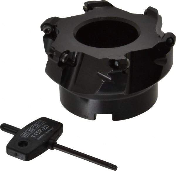 Seco - 3.15" Cut Diam, 1" Arbor Hole, 0.138" Max Depth of Cut, 43° Indexable Chamfer & Angle Face Mill - 6 Inserts, OF.. 05T305 Insert, Right Hand Cut, 6 Flutes, Series R220.43 - Apex Tool & Supply