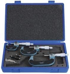 Fowler - 0 to 3" Range, 3 Piece Mechanical Outside Micrometer Set - 0.0001" Graduation, 0.00005 (0 to 1), 0.0001 (1 to 3)" Accuracy, Ratchet Stop Thimble, Carbide Tipped Face - Apex Tool & Supply
