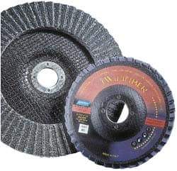 Norton - 80 Grit, 7" Disc Diam, 5/8-11 Center Hole, Type 29 Ceramic Flap Disc - 8,600 Max RPM, Fiberglass Backing, Arbor Attaching System, Coated - Apex Tool & Supply