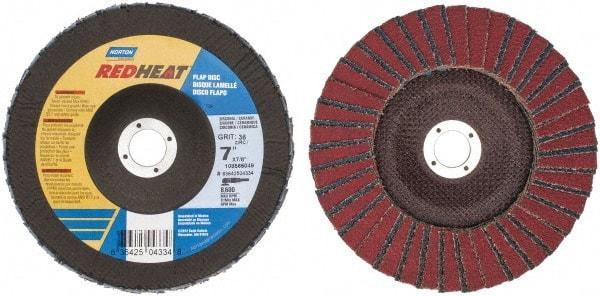 Norton - 36 Grit, 7" Disc Diam, 7/8" Center Hole, Type 29 Ceramic Flap Disc - 8,600 Max RPM, Fiberglass Backing, Arbor Attaching System, Coated - Apex Tool & Supply