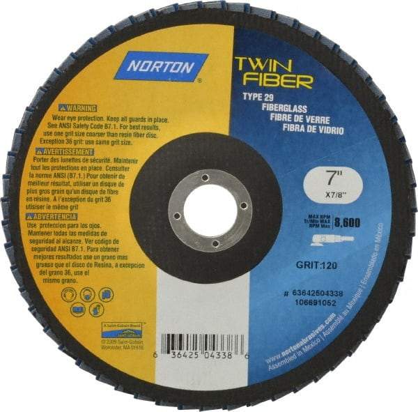 Norton - 120 Grit, 7" Disc Diam, 7/8" Center Hole, Type 29 Ceramic Flap Disc - 8,600 Max RPM, Fiberglass Backing, Arbor Attaching System, Coated - Apex Tool & Supply