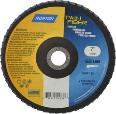 Norton - 120 Grit, 7" Disc Diam, 7/8" Center Hole, Type 29 Ceramic Flap Disc - 8,600 Max RPM, Fiberglass Backing, Arbor Attaching System, Coated - Apex Tool & Supply