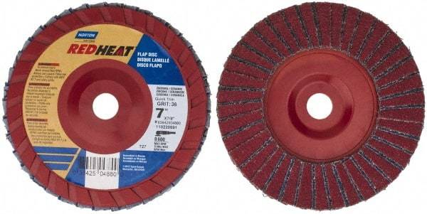 Norton - 36 Grit, 7" Disc Diam, 7/8" Center Hole, Type 27 Ceramic Flap Disc - 8,600 Max RPM, Plastic Backing, Arbor Attaching System, Coated - Apex Tool & Supply