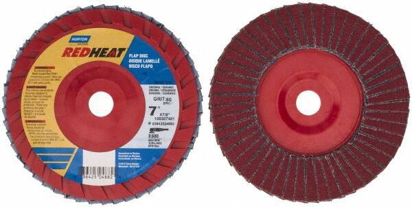 Norton - 60 Grit, 7" Disc Diam, 7/8" Center Hole, Type 27 Ceramic Flap Disc - 8,600 Max RPM, Plastic Backing, Arbor Attaching System, Coated - Apex Tool & Supply