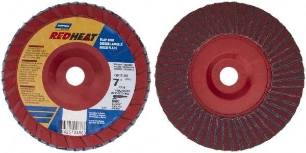 Norton - 80 Grit, 7" Disc Diam, 7/8" Center Hole, Type 27 Ceramic Flap Disc - 8,600 Max RPM, Plastic Backing, Arbor Attaching System, Coated - Apex Tool & Supply