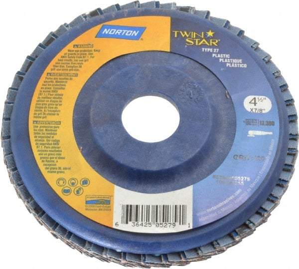Norton - 120 Grit, 4-1/2" Disc Diam, 7/8" Center Hole, Type 27 Ceramic Flap Disc - 13,000 Max RPM, Plastic Backing, Arbor Attaching System, Coated - Apex Tool & Supply