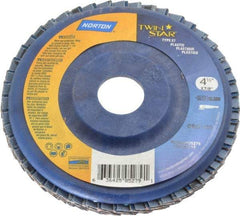 Norton - 120 Grit, 4-1/2" Disc Diam, 7/8" Center Hole, Type 27 Ceramic Flap Disc - 13,000 Max RPM, Plastic Backing, Arbor Attaching System, Coated - Apex Tool & Supply