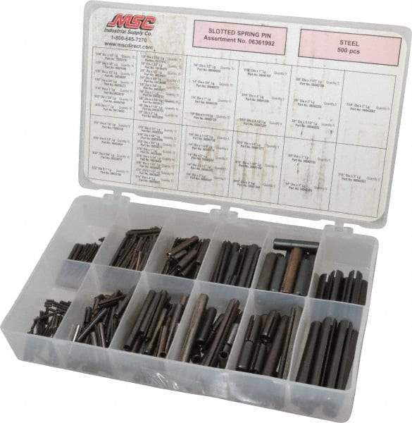 Made in USA - 500 Piece, 1/16 to 7/16" Pin Diam, Spring Pin Assortment - Steel - Apex Tool & Supply