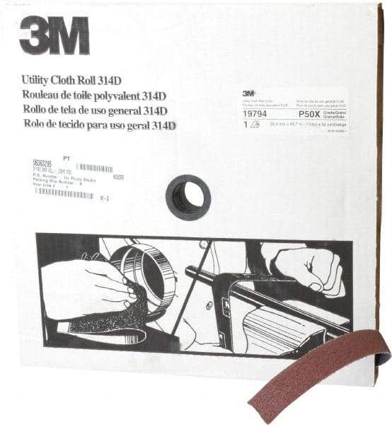 3M - 1" x 50 Yd 50 Grit Aluminum Oxide Cloth Roll - Coarse Grade, X Weighted Backing - Apex Tool & Supply