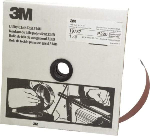 3M - 1" x 50 Yd 220 Grit Aluminum Oxide Cloth Roll - Very Fine Grade, J Weighted Backing - Apex Tool & Supply