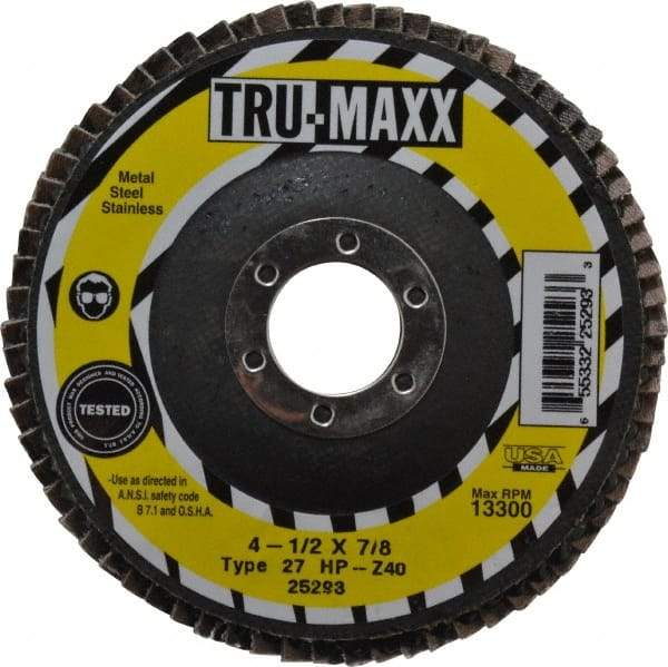 Tru-Maxx - 40 Grit, 4-1/2" Disc Diam, 7/8" Center Hole, Type 27 Zirconia Alumina Flap Disc - 13,300 Max RPM, Arbor Attaching System, Coated - Apex Tool & Supply