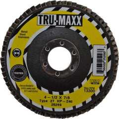 Tru-Maxx - 40 Grit, 4-1/2" Disc Diam, 7/8" Center Hole, Type 27 Zirconia Alumina Flap Disc - 13,300 Max RPM, Arbor Attaching System, Coated - Apex Tool & Supply