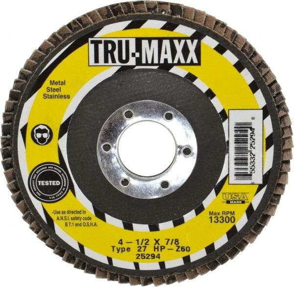 Tru-Maxx - 60 Grit, 4-1/2" Disc Diam, 7/8" Center Hole, Type 27 Zirconia Alumina Flap Disc - 13,300 Max RPM, Arbor Attaching System, Coated - Apex Tool & Supply