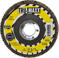 Tru-Maxx - 60 Grit, 4-1/2" Disc Diam, 7/8" Center Hole, Type 27 Zirconia Alumina Flap Disc - 13,300 Max RPM, Arbor Attaching System, Coated - Apex Tool & Supply