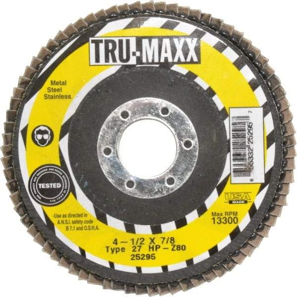 Tru-Maxx - 80 Grit, 4-1/2" Disc Diam, 7/8" Center Hole, Type 27 Zirconia Alumina Flap Disc - 13,300 Max RPM, Arbor Attaching System, Coated - Apex Tool & Supply
