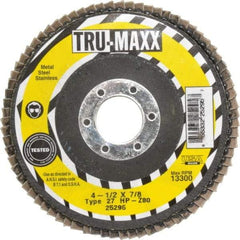 Tru-Maxx - 80 Grit, 4-1/2" Disc Diam, 7/8" Center Hole, Type 27 Zirconia Alumina Flap Disc - 13,300 Max RPM, Arbor Attaching System, Coated - Apex Tool & Supply