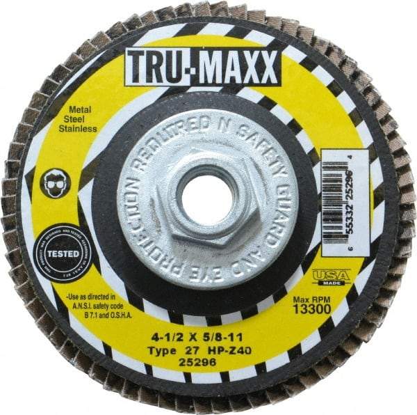 Tru-Maxx - 40 Grit, 4-1/2" Disc Diam, 5/8-11 Center Hole, Type 27 Zirconia Alumina Flap Disc - 13,300 Max RPM, Arbor Attaching System, Coated - Apex Tool & Supply