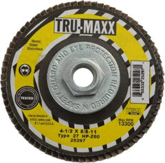Tru-Maxx - 60 Grit, 4-1/2" Disc Diam, 5/8-11 Center Hole, Type 27 Zirconia Alumina Flap Disc - 13,300 Max RPM, Arbor Attaching System, Coated - Apex Tool & Supply