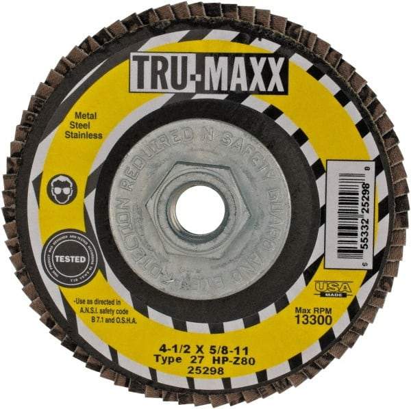 Tru-Maxx - 80 Grit, 4-1/2" Disc Diam, 5/8-11 Center Hole, Type 27 Zirconia Alumina Flap Disc - 13,300 Max RPM, Arbor Attaching System, Coated - Apex Tool & Supply