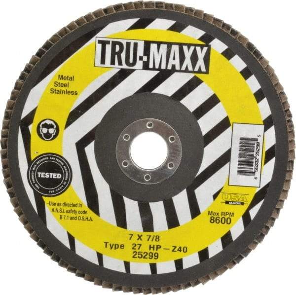 Tru-Maxx - 40 Grit, 7" Disc Diam, 7/8" Center Hole, Type 27 Zirconia Alumina Flap Disc - 8,600 Max RPM, Arbor Attaching System, Coated - Apex Tool & Supply